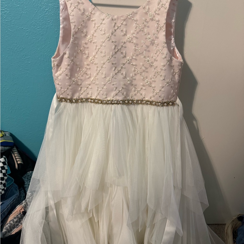 American Princess Pink and Ivory Layered Tulle Party Dress with Beaded Waist